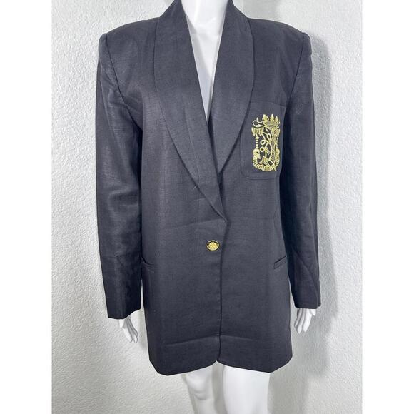 Jackets & Blazers - VTG 80s Linen Crest Blazer Sz S Black Gold Preppy Classic Power Jacket